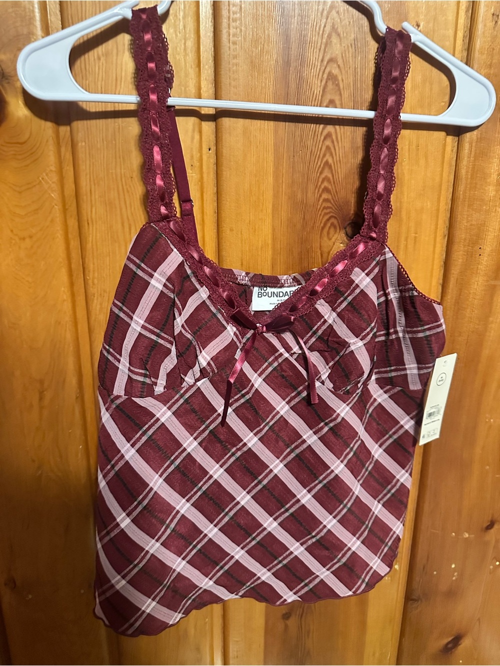 No Boundaries Burgundy and Pink Plaid Cami